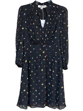 DVF 100% Silk Dress Leena Sheer Pleated Polka Dot High Neck Long Sleeve Retro